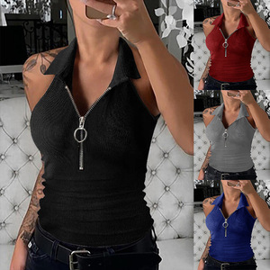 Private Label <b>Women</b> Ribbed Knit Tank <b>Top</b> <b>Zip</b> <b>Up</b> Spring Summer Casual <b>Top</b> Screen Printing Logo - Product Image 2