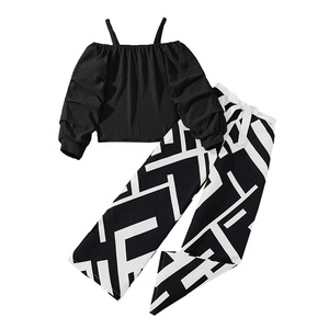 8-12 Y set di abbigliamento per ragazze nuova bretelle top a vita alta pantaloni a gamba larga vestiti per ragazze giovani marrone abbigliamento per bambini - Product Image 1