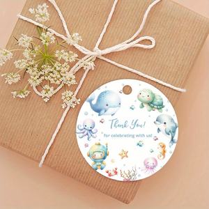 Étiquettes circulaires « Merci » avec corde en chanvre, thème créatures marines, design style <span class=keywords><strong>aquarelle</strong></span>, parfaites pour le monde marin - Product Image 5