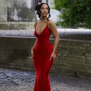 Sexy Strap Backless Summer Dress Red Women Satin Lace Up Trumpet Long Dress Elegant Bodycon Party Dresses 2024 2716