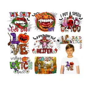 Halloween Sắt Trên Chuyển Sắt Trên Decals Cho Quần Áo Gối Áo Thủ Công Tự Làm Bí Ngô Gnome HTV Vinyl Cho T-Shirt Mùa Thu May