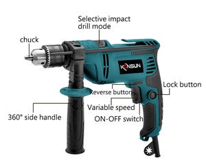 <span class=keywords><strong>Perceuse</strong></span> à percussion KONSUN 710W 13 mm avec poignée rotative à 360° |   Moteur à balais réversible |   <span class=keywords><strong>Perceuse</strong></span> électrique <span class=keywords><strong>pour</strong></span> métal, bois, bricolage, OEM - Product Image 2