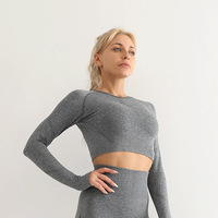 Ensemble de yoga 2 pièces sans couture pour femme, haut de sport court à manches longues très élastique et leggings taille haute rehausseurs de hanches