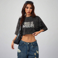 Nueva ropa de mujer, Top corto, camiseta estampada para mujer, camiseta informal holgada lisa con lavado ácido, Camiseta de algodón para mujer