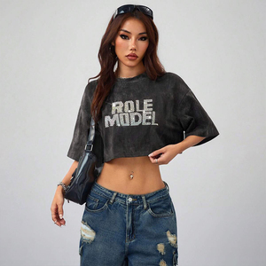 Nuovissimi vestiti da <span class=keywords><strong>donna</strong></span> Top corto <span class=keywords><strong>donna</strong></span> stampa t-Shirt Acid Wash Plain allen Casual t-Shirt da <span class=keywords><strong>donna</strong></span> in cotone - Product Image 2