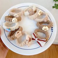 Lot de 5 élastiques à cheveux mignons pour filles avec nœuds, motif ours de dessin animé marron et fleurs, accessoires pour cheveux élastiques pour enfants