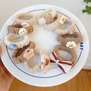 Lot de 5 élastiques à cheveux mignons pour filles avec nœuds, motif ours de dessin animé marron et fleurs, accessoires pour cheveux élastiques pour enfants - Product Image 2