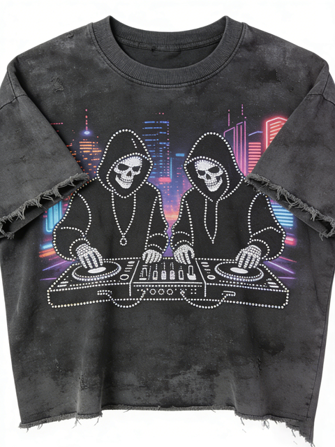 Oversized Vintage Washed Skull DJ Heavyweight T-shirt Men Rhinestone Distressed Streetwear Short Sleeve Mens Graphic T-shirts