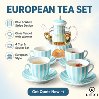Service à thé de l'après-midi européen LEXI, ensemble en gros, avec théière en verre rayée bleu clair et blanc, infuseur en céramique, chauffe-thé et quatre tasses avec soucoupes
