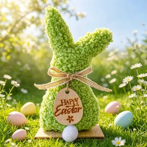 Figura de Conejo de Peluche <span class=keywords><strong>para</strong></span> Pascua con Base de <span class=keywords><strong>Madera</strong></span>, Decoración Rústica de Primavera <span class=keywords><strong>para</strong></span> Mesa, Adorno de Conejo Verde Sherpa <span class=keywords><strong>para</strong></span> Estante o Bandeja Escalonada - Product Image 3