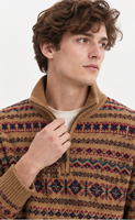 Pull en tricot Fair Isle personnalisé pour homme, col montant demi-zip, motif géométrique, camel, rétro, hiver, service ODM