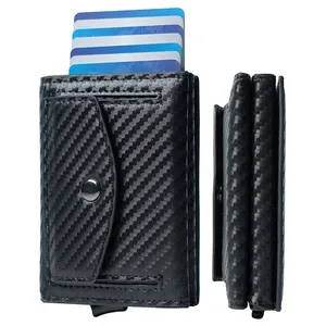 Popular New Design RFID Aluminum Card Wallet Trifold Holder Carbon Fiber Leather Pop Up Wallet With Coin Pocket