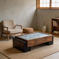 Table basse décorative de luxe avec plateau bleu texturé, cadre en bois, pieds noirs en bloc, table d'appoint contemporaine