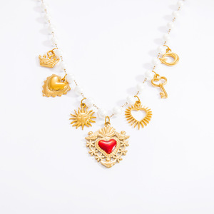 Collier pendentif cœur en perles de qualité AAA, plaqué or 18 carats, avec breloques couronne, soleil, lune et clé, bijoux pour femme à porter au quotidien - Product Image 5