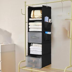 5-Layer Hanging Closet Organizer With 2 Drawers Foldable Storage For Bedroom Clothes Neatening 11.8x11.8x39.4 Inches - Product Image 5