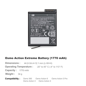 แบตเตอรี่ <span class=keywords><strong>Osmo</strong></span> Action Extreme น้ำหนัก 34 กรัม ความจุ 1770 มิลลิแอมป์ สำหรับกล้อง <span class=keywords><strong>Osmo</strong></span> Action 5 Pro 6 4 และ 3 อุปกรณ์เสริม - Product Image 1
