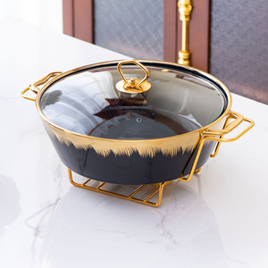 Haute qualité De Luxe Or Ovale Forme Casserole En Céramique <span class=keywords><strong>Buffet</strong></span> Réchauffeur De Nourriture Conteneur Pot À Soupe Avec poignée - Product Image 4
