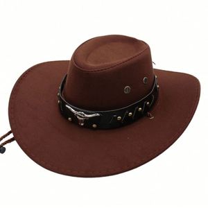Unisex Retro Western Cowboy Hat European American <b>Style</b> New Bull <b>Head</b> Logo Belt Ethnically Designed Fabric for Outdoor Travel - Product Image 5