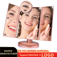 Miroir de maquillage personnalisé à trois volets avec éclairage LED, recharge USB, support réglable à 180 degrés, écran tactile