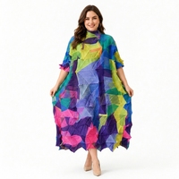 Robe longue plissée color block pour femme, col montant, manches trois quarts, coupe ample, grande taille, style Miyake, vente en gros