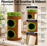 Tour pour chat en forme de tronc d'arbre avec deux couchages cachés, griffoir en sisal naturel, peluche douce, écologique et durable, mobilier d'intérieur pour animaux de compagnie, en carton