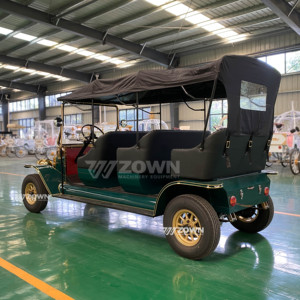 รถชมวิวไฟฟ้าสีเขียวเข้มสไตล์วินเทจ พร้อมอุปกรณ์ตกแต่งสีทอง แบบหลายแถว พร้อมหลังคาสีดำกันน้ำ - Product Image 3
