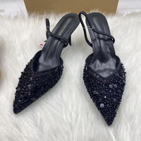 Nouvelles mules à talon aiguille pour femme, en maille, couleur abricot uni, ornées de perles, à bout ouvert, collection printemps