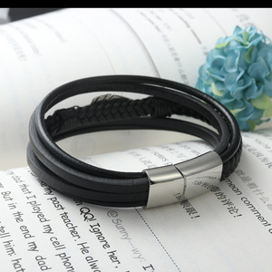 Tibetan Silver Feather <b>Leather</b> <b>Bracelet</b> Black Titanium Steel Woven Round Charm <b>Bracelet</b> Fashion Jewelry - Product Image 4