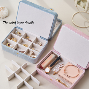 Factory Custom Logo Portable <strong>Pink</strong> 3 Layer Travel Jewellery Storage Organizer Case Blue Green Velvet <strong>Jewelry</strong> <strong>Box</strong> - Product Image 3