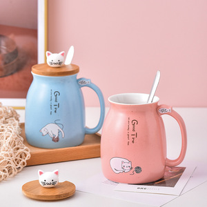 Vendita calda Cat in ceramica tazze da caffè con coperchio di bambù carino con disegno di cartone animato tazza di porcellana per latte caffè promozionale tazza con cucchiaio - Product Image 2