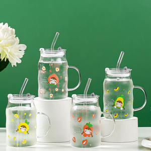 500ml Little Cute Cartoon Glass Printed Juice Coffee misurini colorati bicchiere in vetro trasparente smerigliato con coperchio e St - Product Image 3