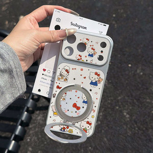 เคสโทรศัพท์มือถือลายการ์ตูนคิตตี้แบบหมุนได้ วัสดุ PU สำหรับ iPhone 17 16 15 Pro Max น่ารัก พร้อมขาตั้งพิมพ์ลาย - Product Image 3