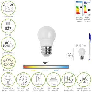 Lampadina LED, sferica, attacco E27. 6,5 Watt. Equivalente a 50 Watt. 806 Lumen. Bianco Neutro 4000K. - Product Image 1