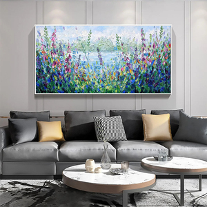 Pintura al óleo de paisaje impasto con flores silvestres y vista al lago, arte en lienzo con marco, estilo impresionista, decoración de pared interior - Product Image 2
