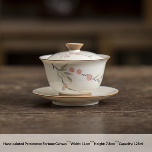 ถ้วยชาเซรามิกกันความร้อนสามส่วนลายลูกพลับวาดด้วยมือจากเถ้าไม้ พร้อมฝาปิดรูปเกือกม้า สไตล์จีน - Product Image 4