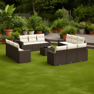 Brown Garden <b>Sofa</b> <b>Set</b> With Cream Cushions Outdoor Furniture Contemporary Design UV Resistant PE Rattan Durable - Product Image 2