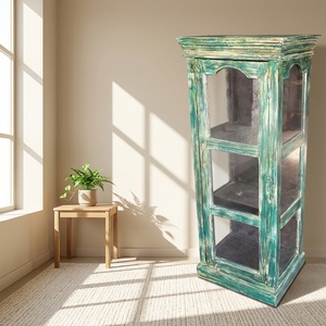 Étagère rustique en bois avec portes en verre, armoire de rangement à 3 niveaux, finition vert antique, meubles de salon - Product Image 1