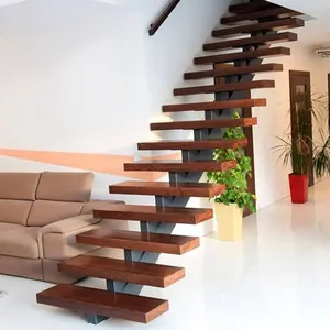 Modern wooden staircase steel-wood straight stairs with wire rope for home