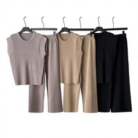 Ensemble pull sans manches tricoté patchwork couleur unie en nylon/coton anti-plis, style décontracté estival, collection de créateur pour femme