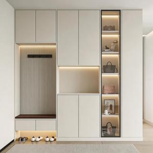 <span class=keywords><strong>Meuble</strong></span> à chaussures d'entrée moderne <span class=keywords><strong>avec</strong></span> portes vitrées LED, banc, tiroirs de rangement <span class=keywords><strong>et</strong></span> penderie, blanc, sur mesure - Product Image 1