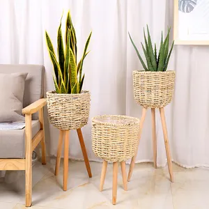 Landing Rattan Flower Basket Bamboo Plant Pots Stand Set Wicker Planter Basket with Stand Legs