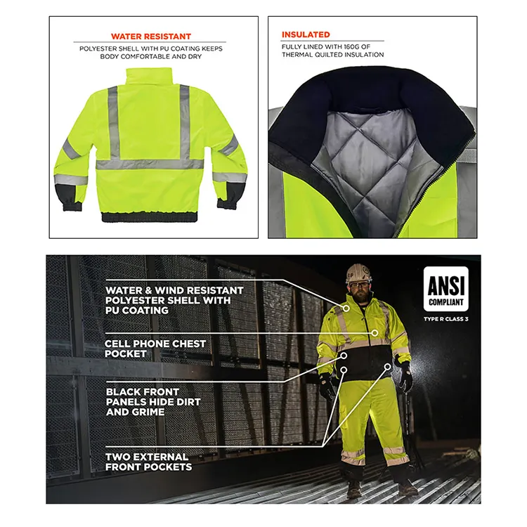 Jessubond Vêtements de sécurité réfléchissants Veste pour homme isolée Vêtements de travail imperméables d'hiver Sweat à capuche réfléchissant haute visibilité