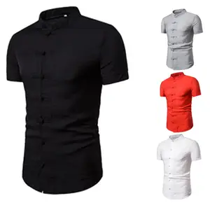 Mens Chinese t Shirt Short Sleeve Linen Red Black Casual Top