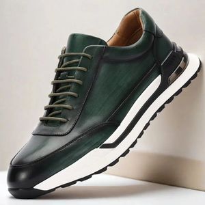 Genuine Leather Men's Walking Shoes <b>Round</b> Toe Low Heel <b>Cushioned</b> Rubber Outsole Solid Color Casual Business Style - Product Image 1
