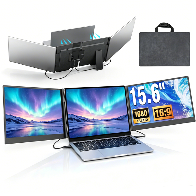 15.6" Laptop Screen Extender, 1080P FHD Triple Portable Monitor Ultra Thin Slim Design Built-in Dual Speakers