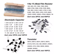 Kit de composants électroniques de base 1390 pièces Résistances Condensateurs électrolytiques et céramiques Diodes LED