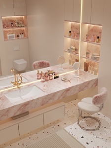 Natural luxury pink marble hotel style intelligent lighting <b>mirror</b> <b>wall</b> hanging bathroom cabinet - Product Image 5