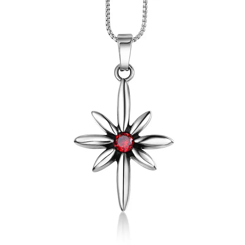 Europe Fashion Necklace Stainless Steel Vintage Geometric North Star Pendant with Red Crystal Jewelry