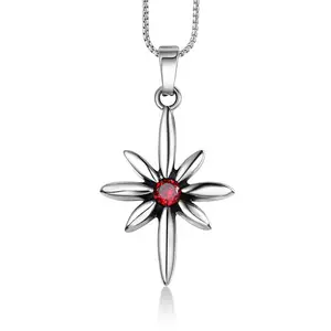 Europe Fashion Necklace Stainless Steel Vintage Geometric North Star Pendant with Red Crystal Jewelry