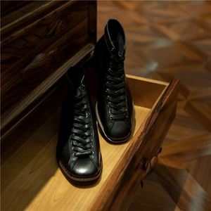 Bottes de boxe classiques montantes pour hommes, style rétro, color block, à lacets carrés, pour le bureau et la carrière, avec empiècements, légères - Product Image 6